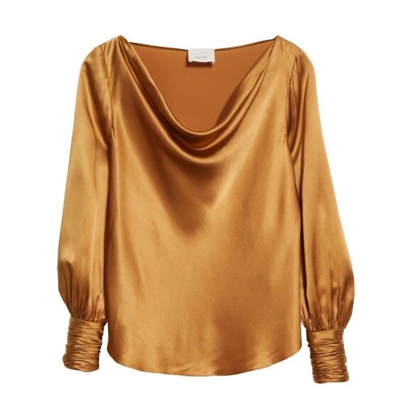 NWT Cinq A Sept Size L Taylee Metallic Brown Silk Satin Long Sleeve Blouse new - Picture 14 of 14